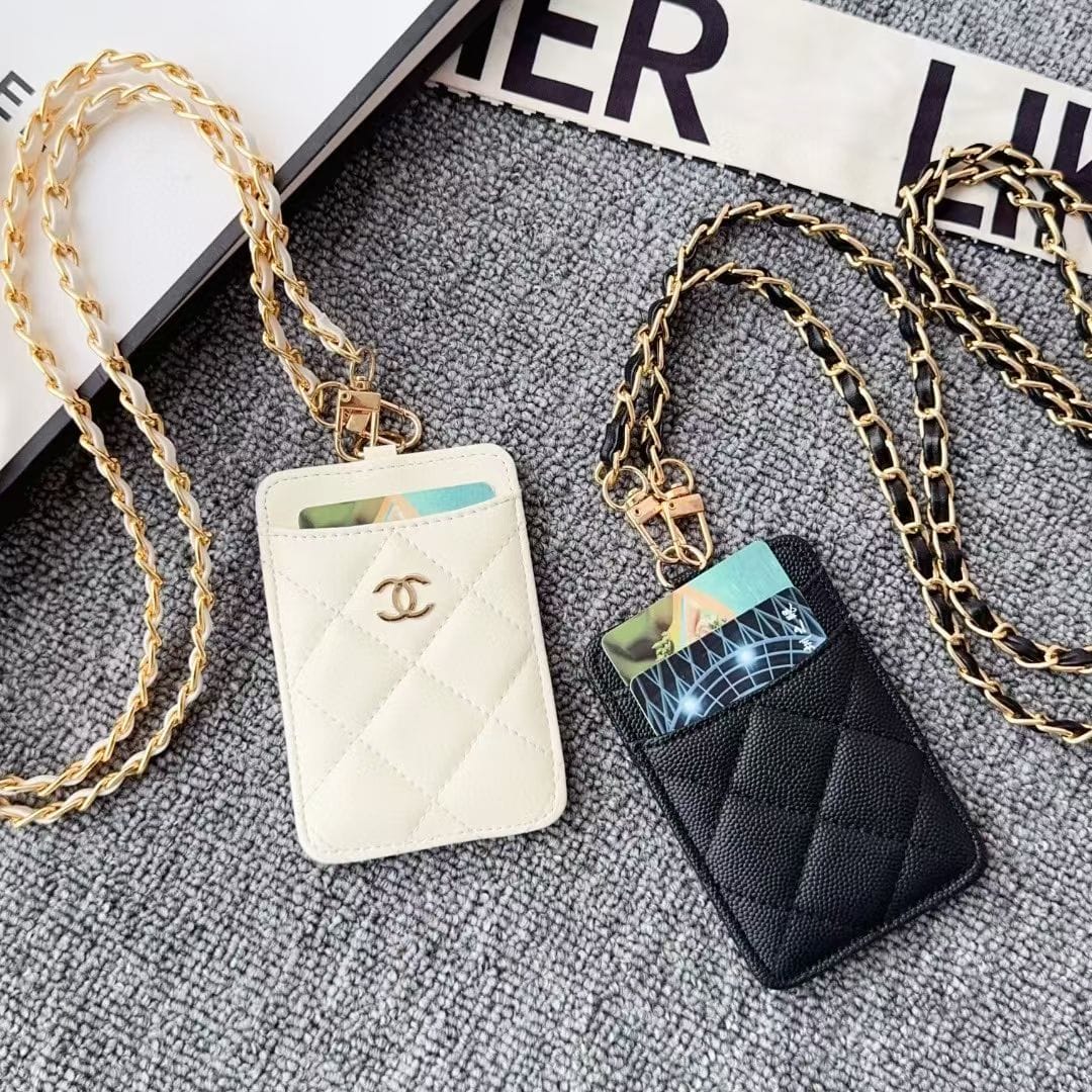 HypedEffects cc Quilted Leather Card Holder with Chain Strap Luxury Designer Card Case
