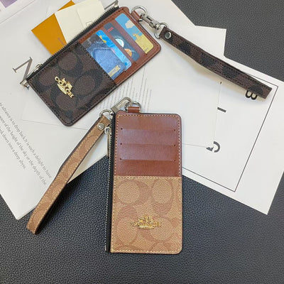 Coach Signature Zip Card Holder Wallet with Wrist Strap – Compact Luxury Card Case