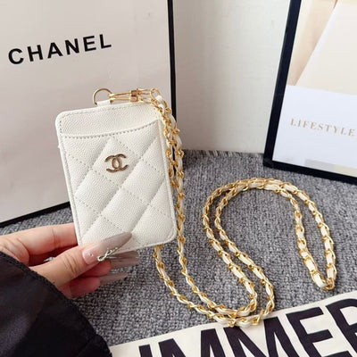 cc Quilted Leather Card Holder with Chain Strap Luxury Designer Card Case
