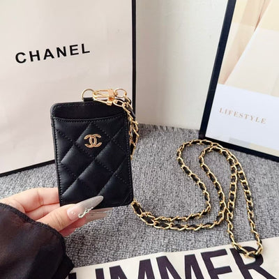cc Quilted Leather Card Holder with Chain Strap Luxury Designer Card Case