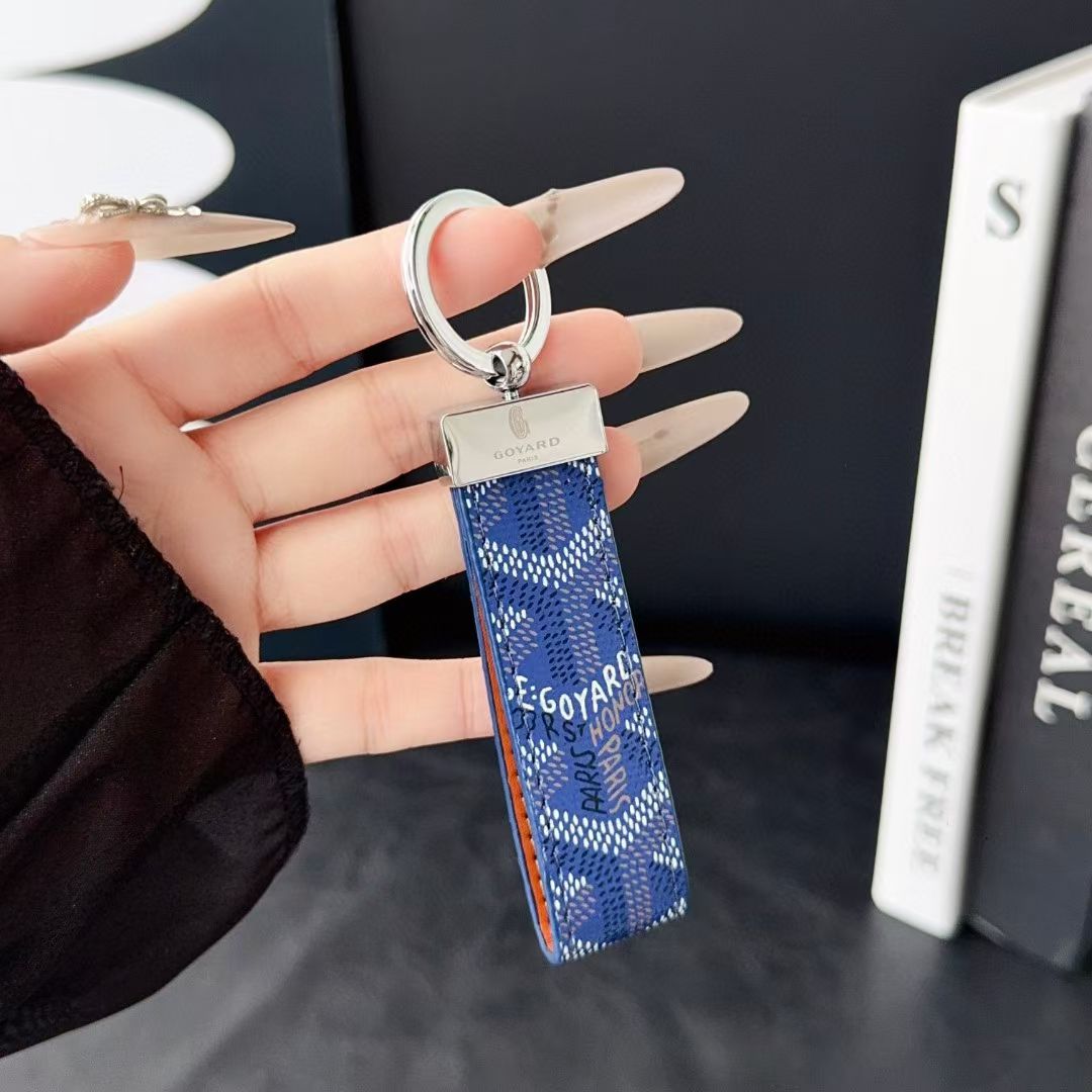 Goyard Signature Canvas Keychain with Leather Strap Luxury Designer Key Holder Available in 7 Colors
