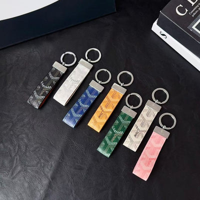 Goyard Signature Canvas Keychain with Leather Strap Luxury Designer Key Holder Available in 7 Colors