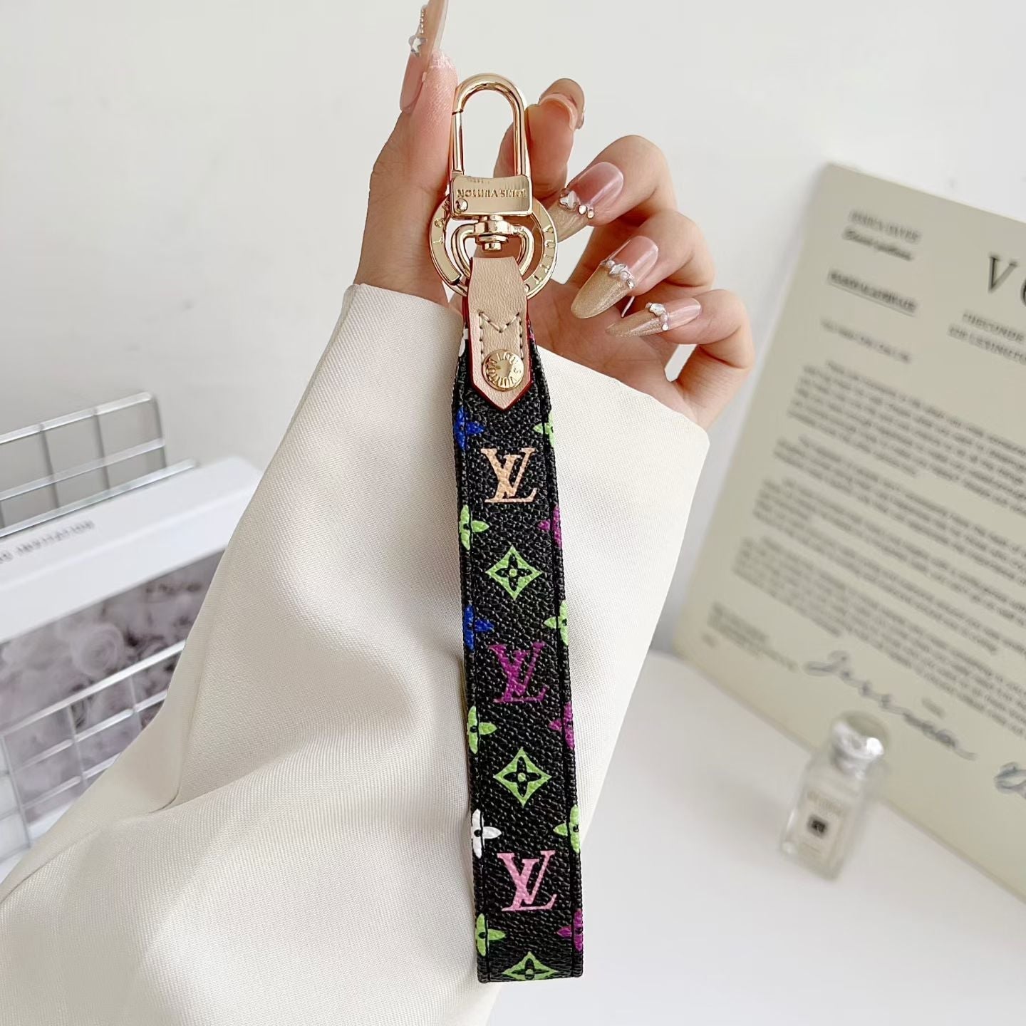 louis vuitton Monogram Canvas Keychain with Leather Strap Luxury Designer Key Holder
