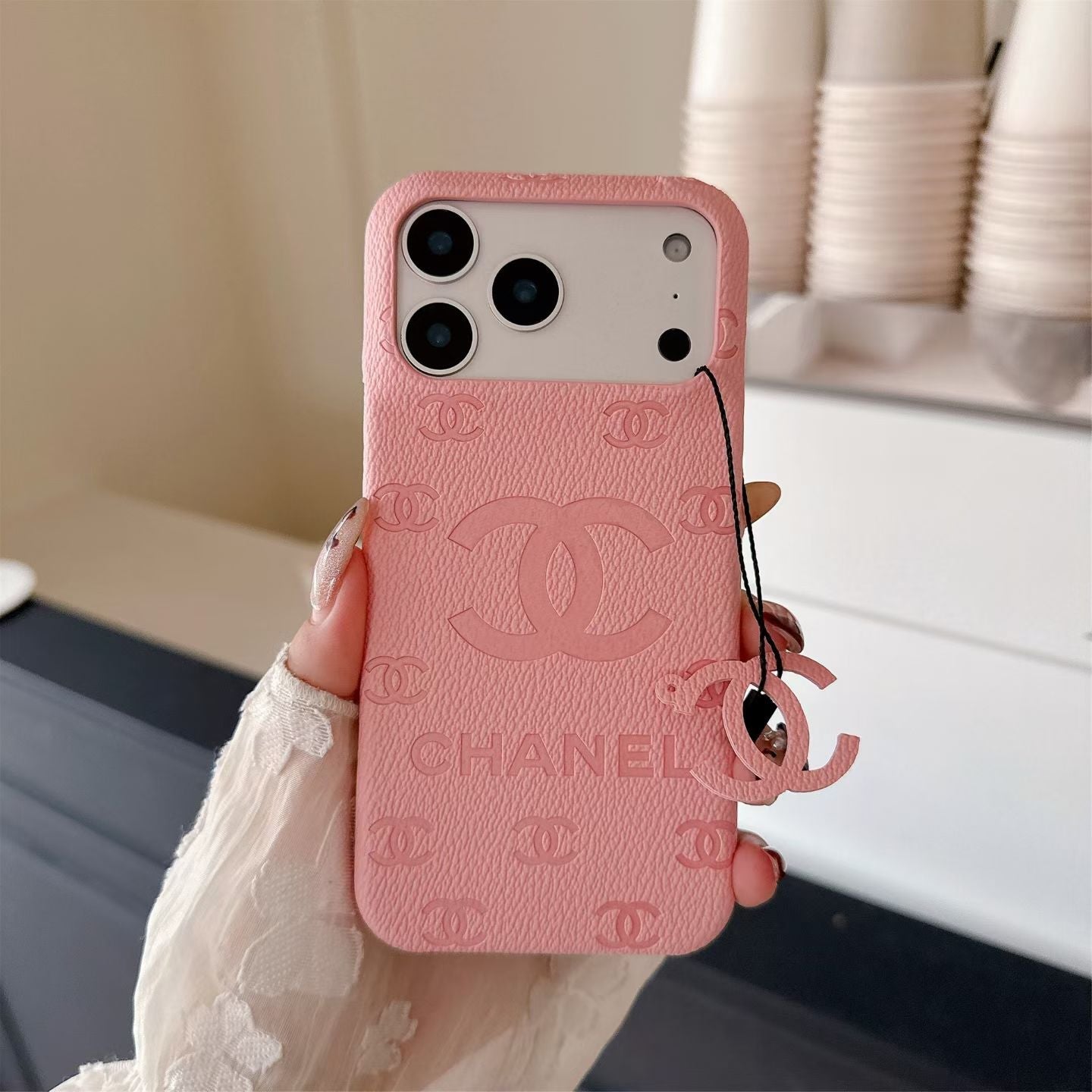 cc Embossed Leather Phone Case with Iconic Double C Logo Luxury Designer Cover Available in Multiple Colors