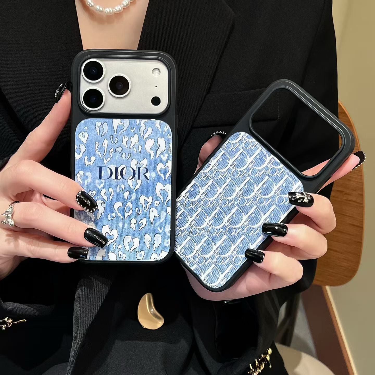 Dior Inspired Blue Pattern Phone Case for iPhone 14 to iPhone 17 Pro Max