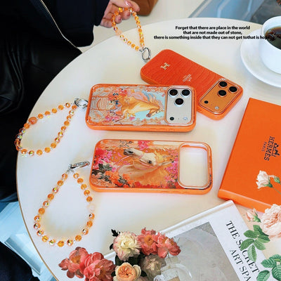 Hermès Horse Art Orange Designer iPhone Case with Wrist Chain Descript