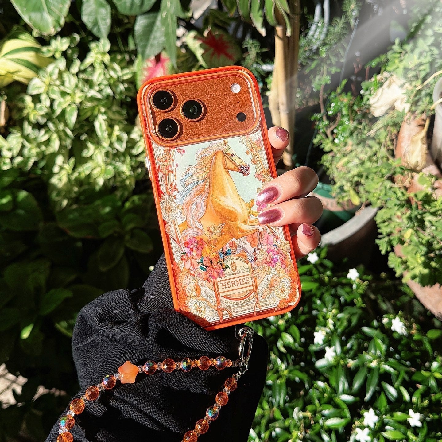 Hermès Horse Art Orange Designer iPhone Case with Wrist Chain Descript