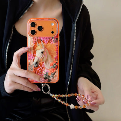 Hermès Horse Art Orange Designer iPhone Case with Wrist Chain Descript