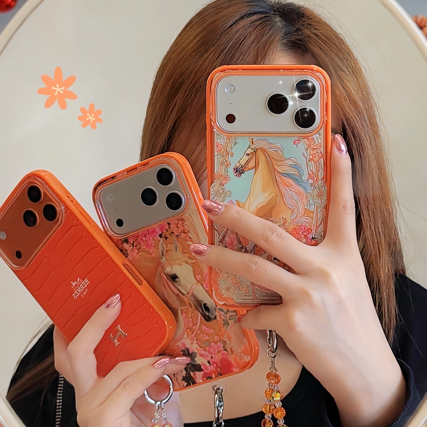 Hermès Horse Art Orange Designer iPhone Case with Wrist Chain Descript