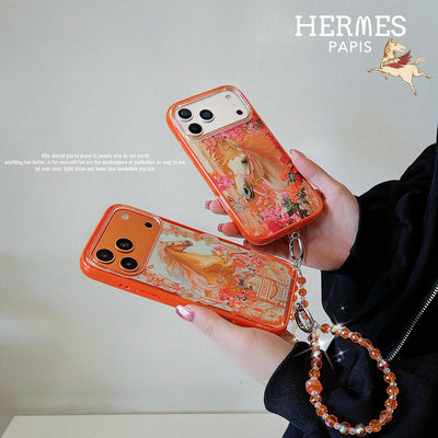 Hermès Horse Art Orange Designer iPhone Case with Wrist Chain Descript
