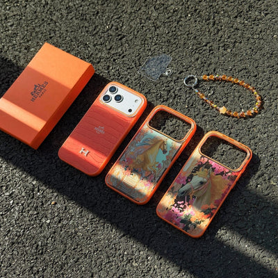 Hermès Horse Art Orange Designer iPhone Case with Wrist Chain Descript