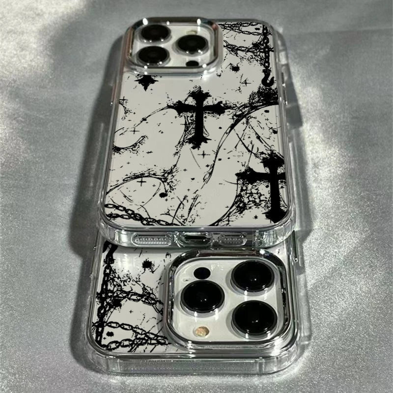 Cool Dark Gothic Cross Mark Phone Case for iPhone 17 16e 16 15 14 13 12 11 Pro Max X XS XR 8 7 Air Plus Transparent Soft Cover