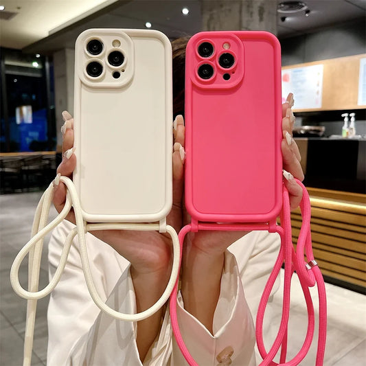 Phone Case For iPhone 14 13 15 16 Pro Max 17 Air 16E 12 11 X XS 8 Plus SE2022 Crossbody Adjustable Lanyard Strap Rope Soft Cover