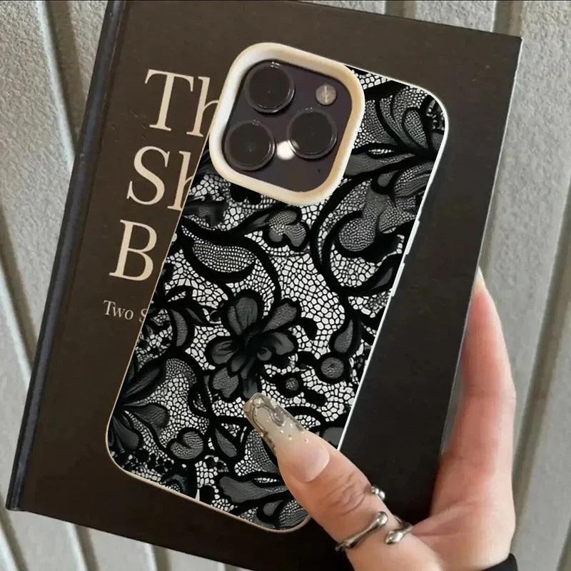 Black Lace Pattern Phone Case For iPhone 17 Pro Max 16 15 14 Plus 13 12 11 Pro Max 16E 17Air X XR XS Max Shockproof Soft Cover