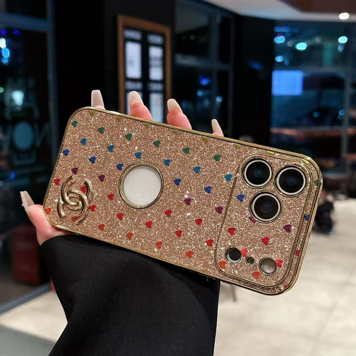 HypedEffects cc Glitter Heart Luxury Phone Case for iPhone 17 with Iconic Double-C Logo