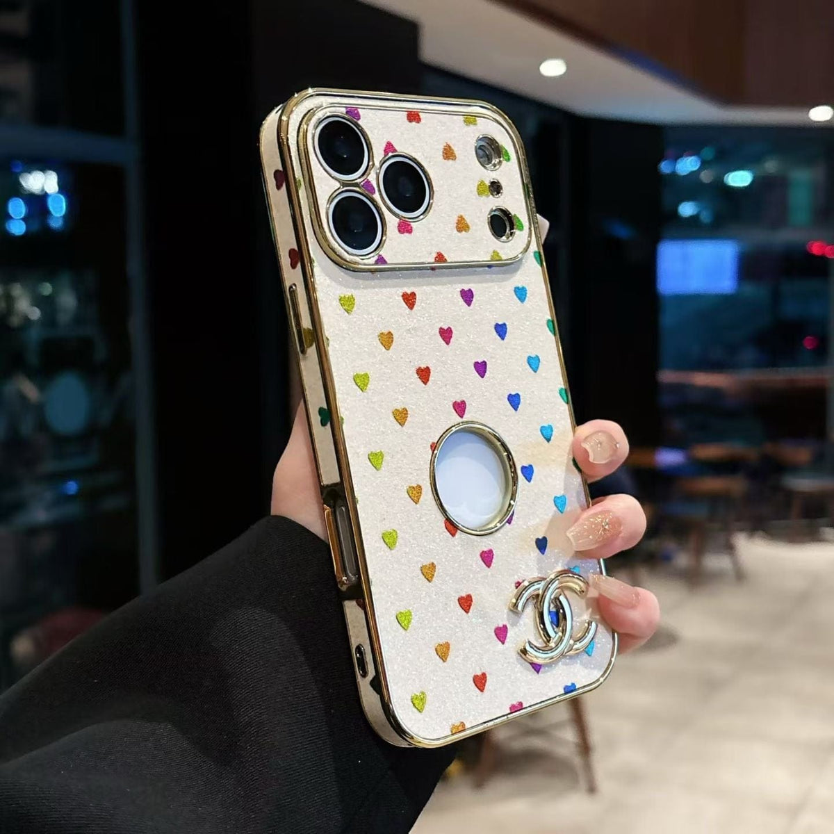 HypedEffects cc Glitter Heart Luxury Phone Case for iPhone 17 with Iconic Double-C Logo