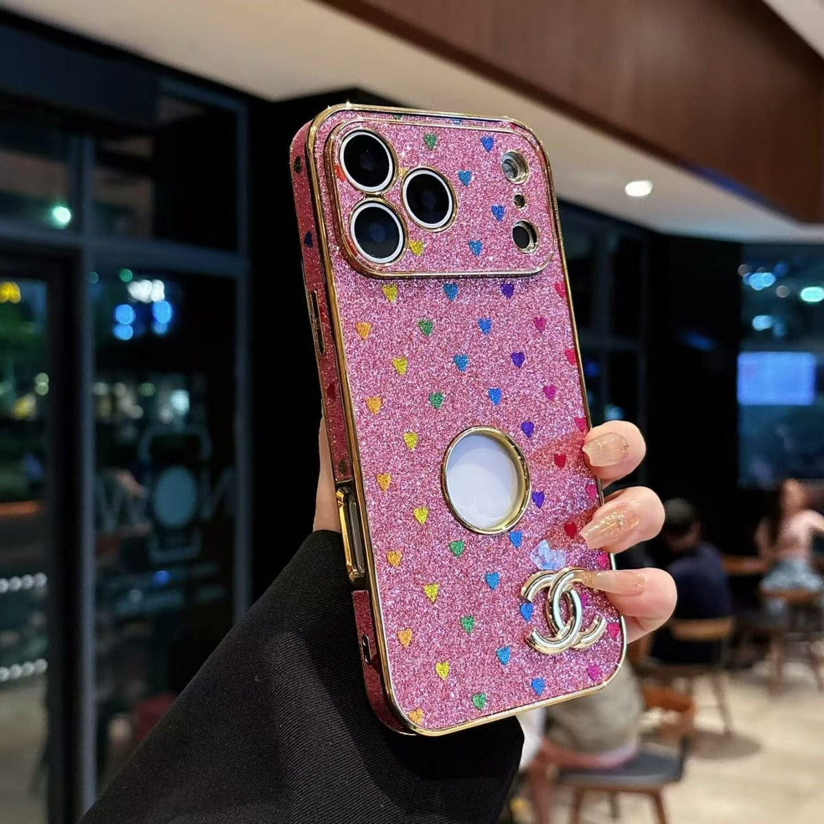 HypedEffects cc Glitter Heart Luxury Phone Case for iPhone 17 with Iconic Double-C Logo