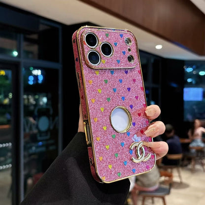 HypedEffects cc Glitter Heart Luxury Phone Case for iPhone 17 with Iconic Double-C Logo