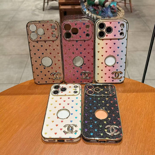 HypedEffects cc Glitter Heart Luxury Phone Case for iPhone 17 with Iconic Double-C Logo