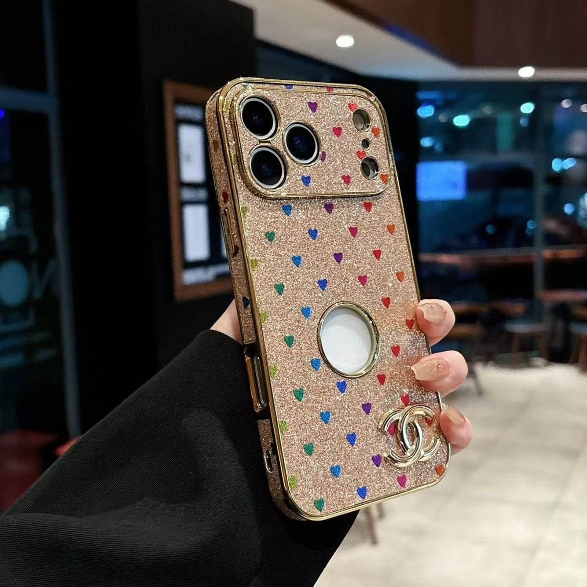 HypedEffects cc Glitter Heart Luxury Phone Case for iPhone 17 with Iconic Double-C Logo