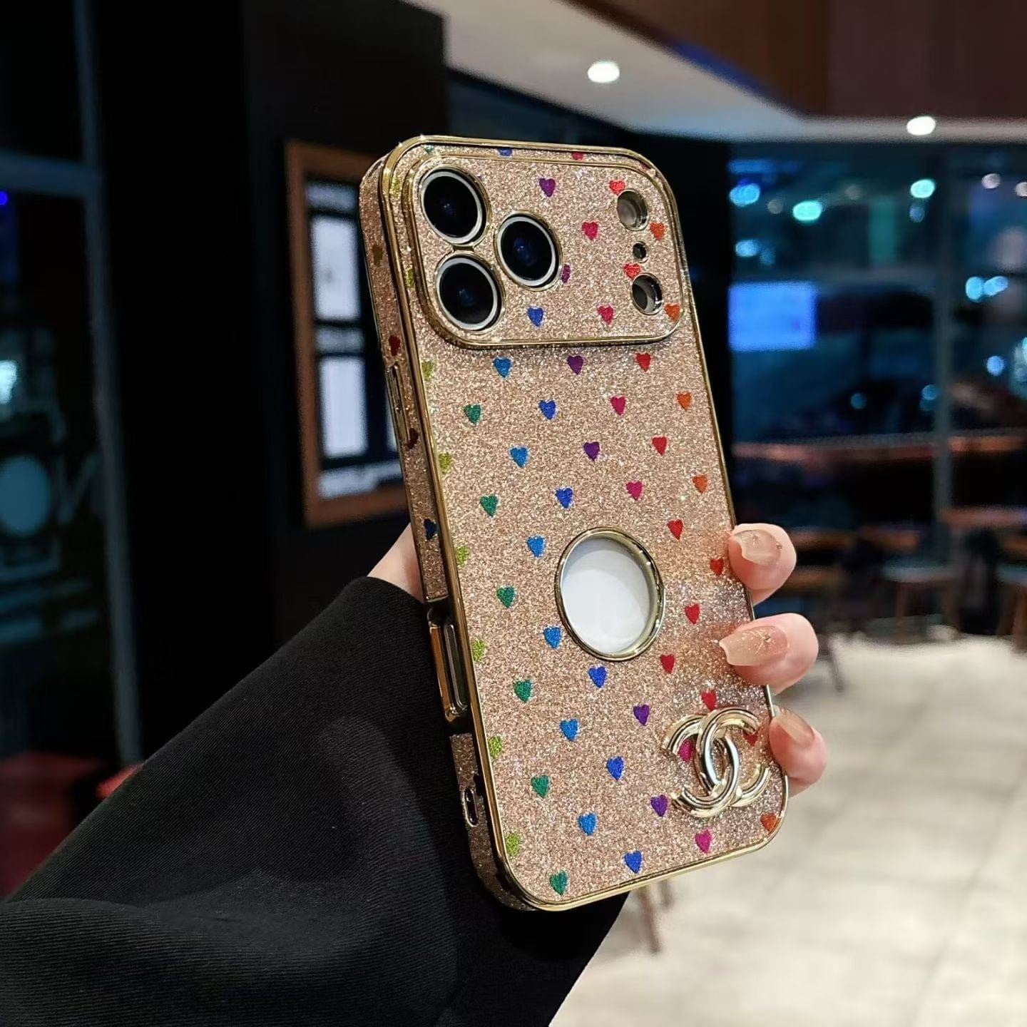 HypedEffects cc Glitter Heart Luxury Phone Case for iPhone 17 with Iconic Double-C Logo