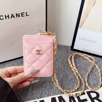 HypedEffects cc Quilted Leather Card Holder with Chain Strap Luxury Designer Card Case