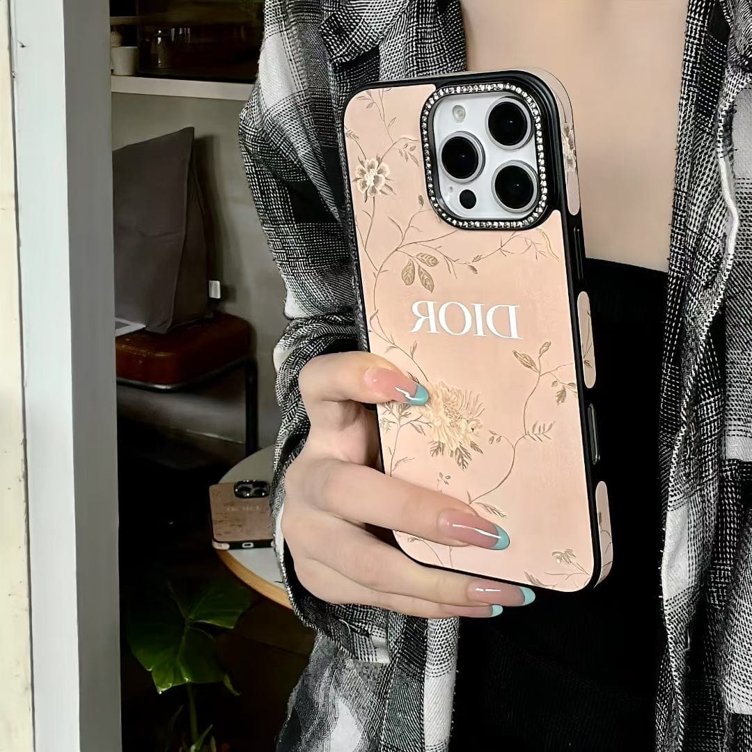 HypedEffects Dior Floral Embossed Leather iPhone Case with Rhinestone Camera Frame