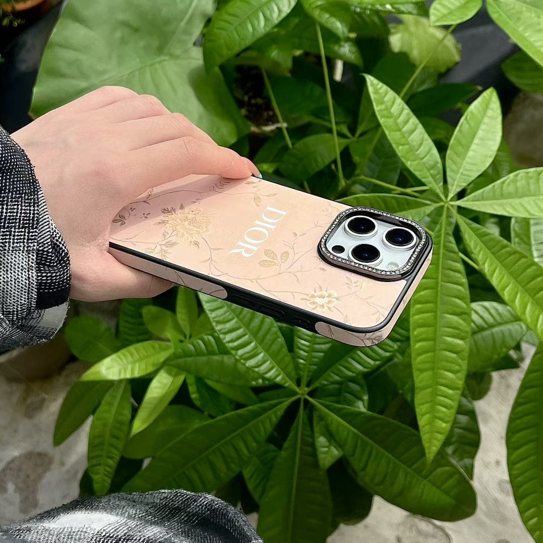 HypedEffects Dior Floral Embossed Leather iPhone Case with Rhinestone Camera Frame
