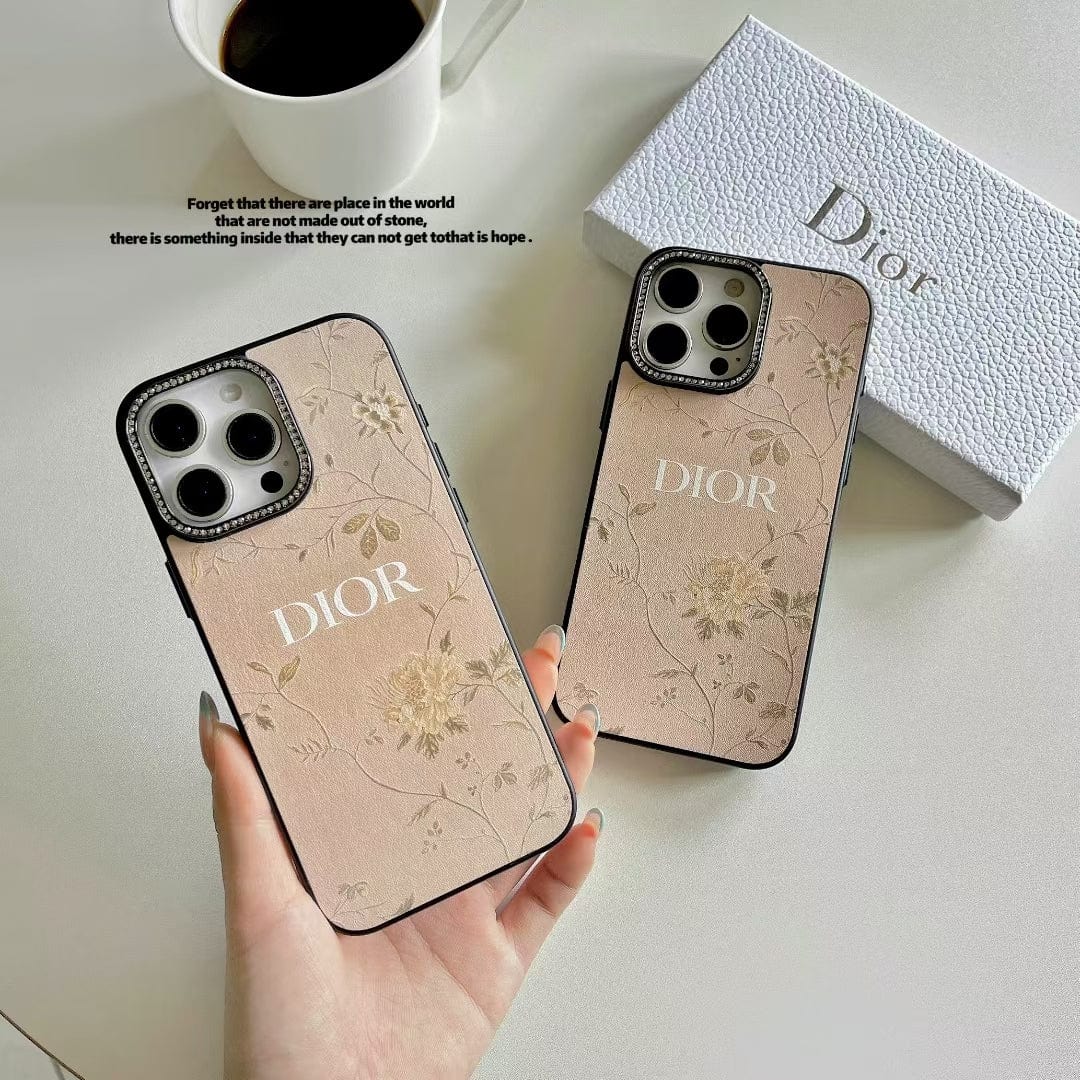 HypedEffects Dior Floral Embossed Leather iPhone Case with Rhinestone Camera Frame