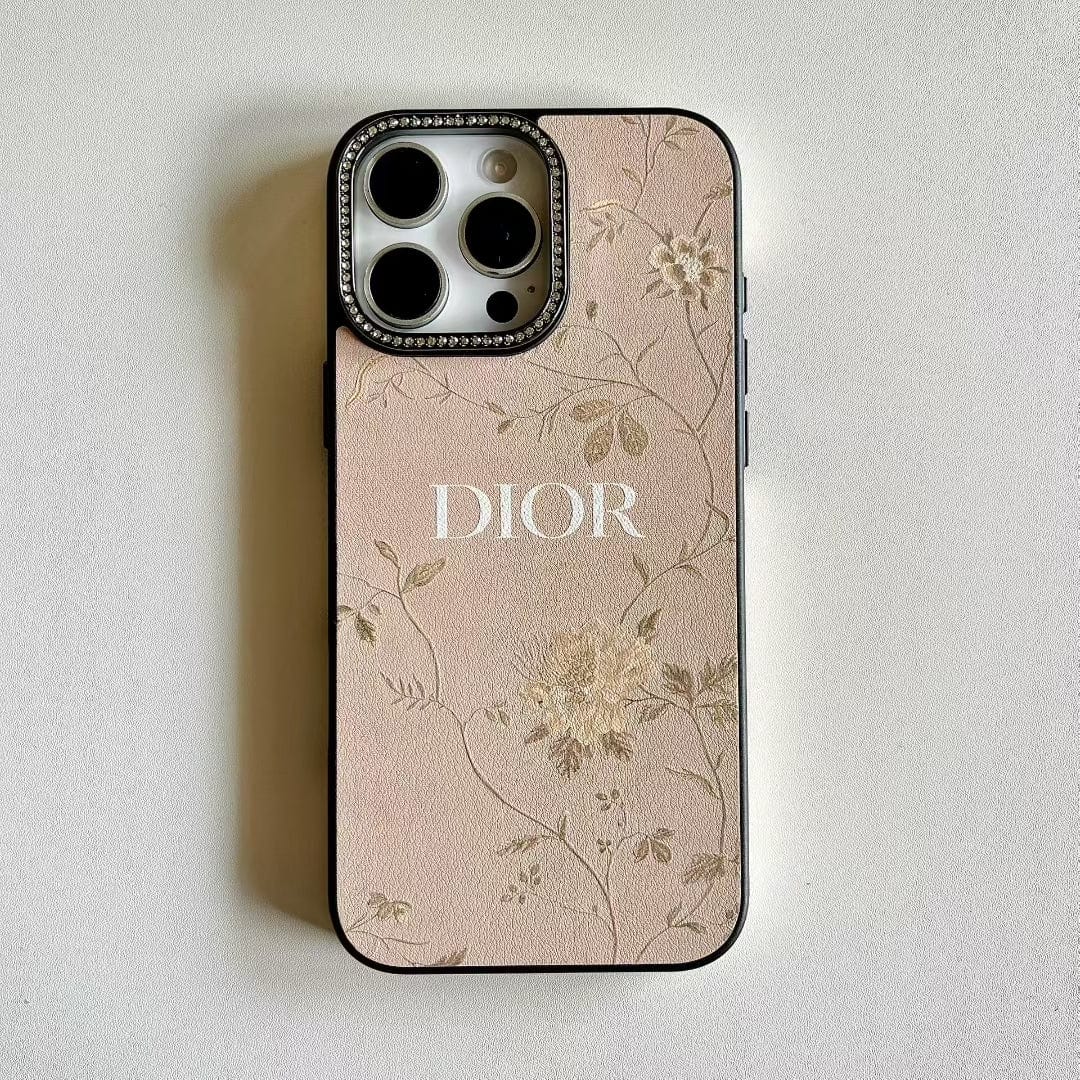HypedEffects Dior Floral Embossed Leather iPhone Case with Rhinestone Camera Frame