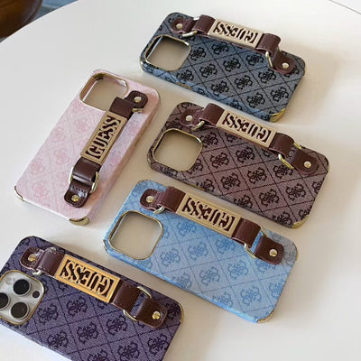 HypedEffects GUESS Monogram Canvas Strap iPhone Case with Gold Logo Plate