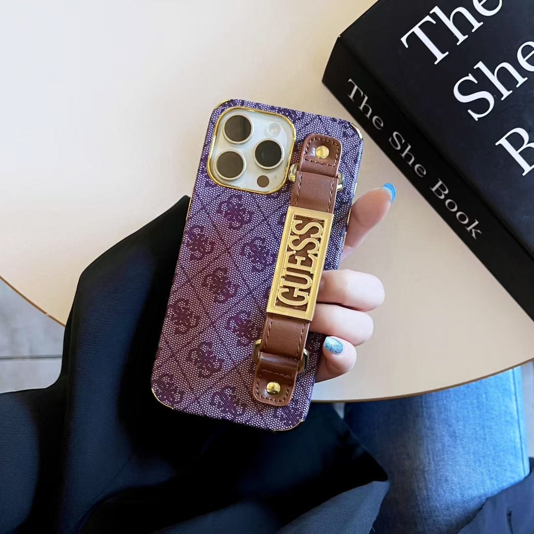 HypedEffects GUESS Monogram Canvas Strap iPhone Case with Gold Logo Plate