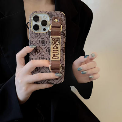 HypedEffects GUESS Monogram Canvas Strap iPhone Case with Gold Logo Plate