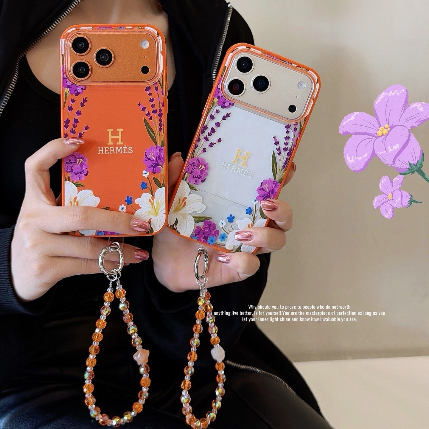 HypedEffects Hermès Floral Signature Case with Wrist Charm for iPhone 13 to 17 Pro Max