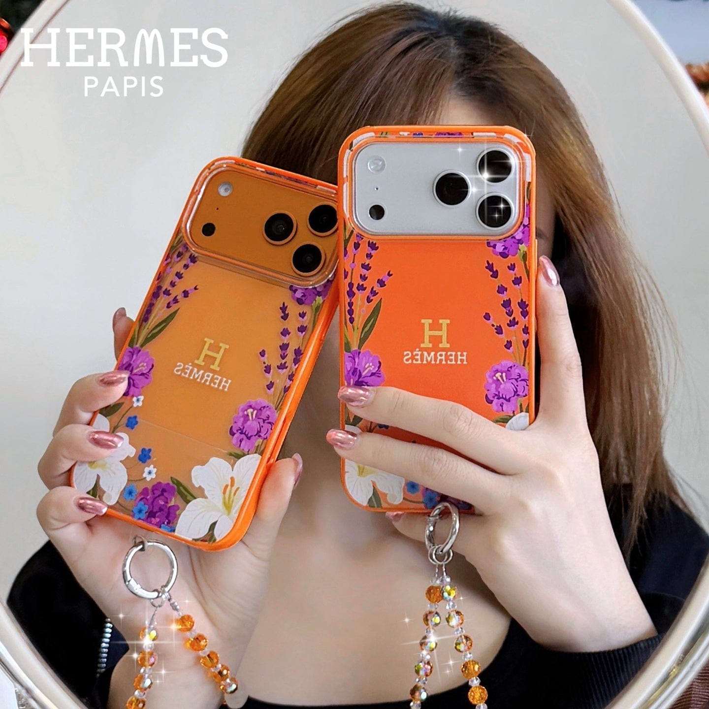 HypedEffects Hermès Floral Signature Case with Wrist Charm for iPhone 13 to 17 Pro Max