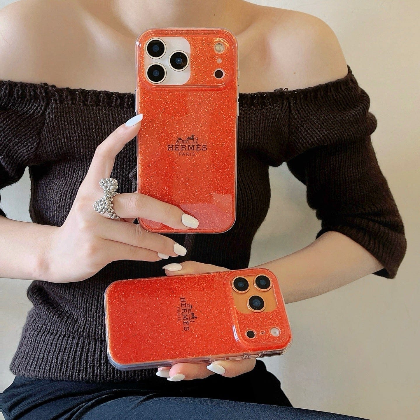 HypedEffects Hermès Glitter Clear Phone Case for iPhone 13 to iPhone 17 Pro Max Luxury Designer Back Cover