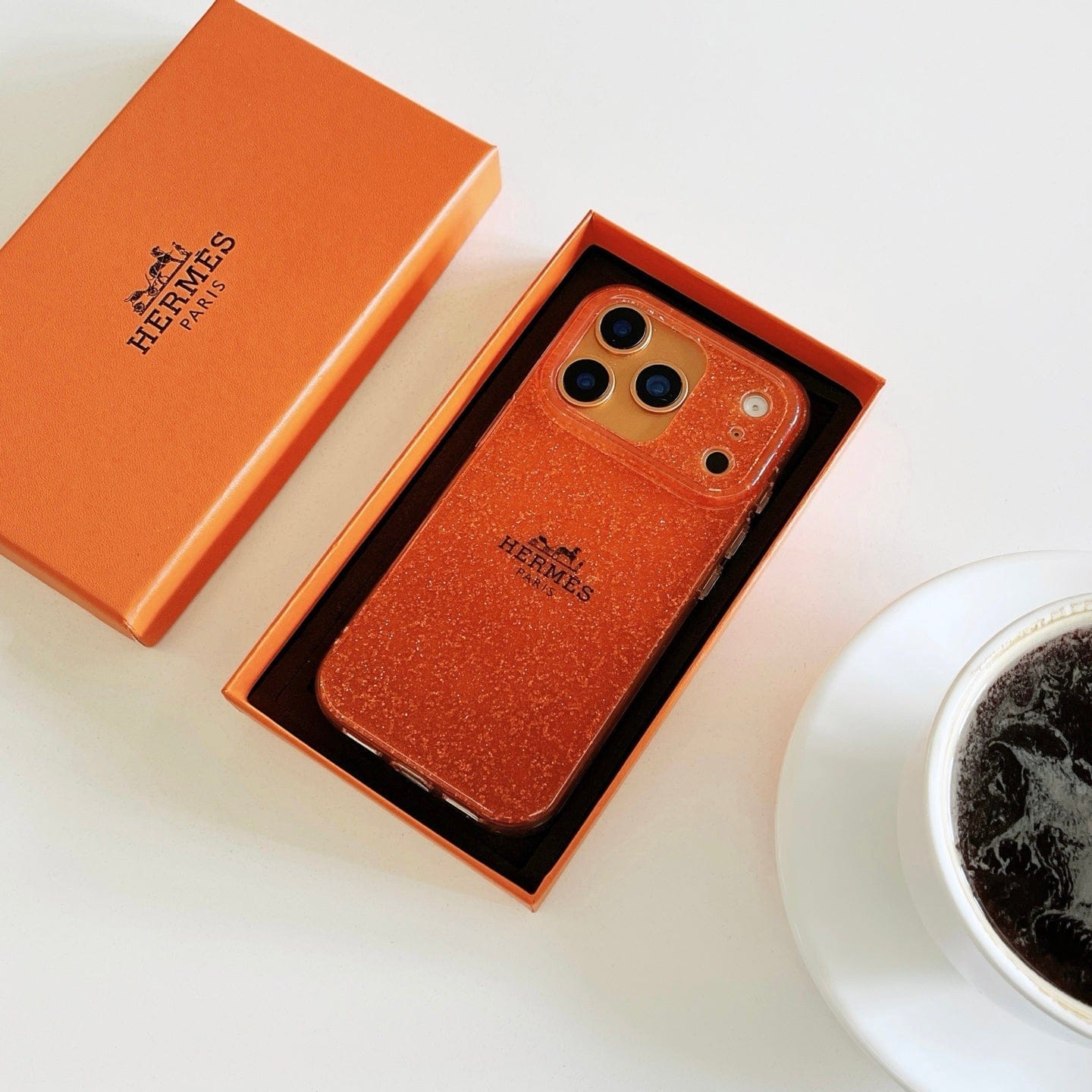 HypedEffects Hermès Glitter Clear Phone Case for iPhone 13 to iPhone 17 Pro Max Luxury Designer Back Cover