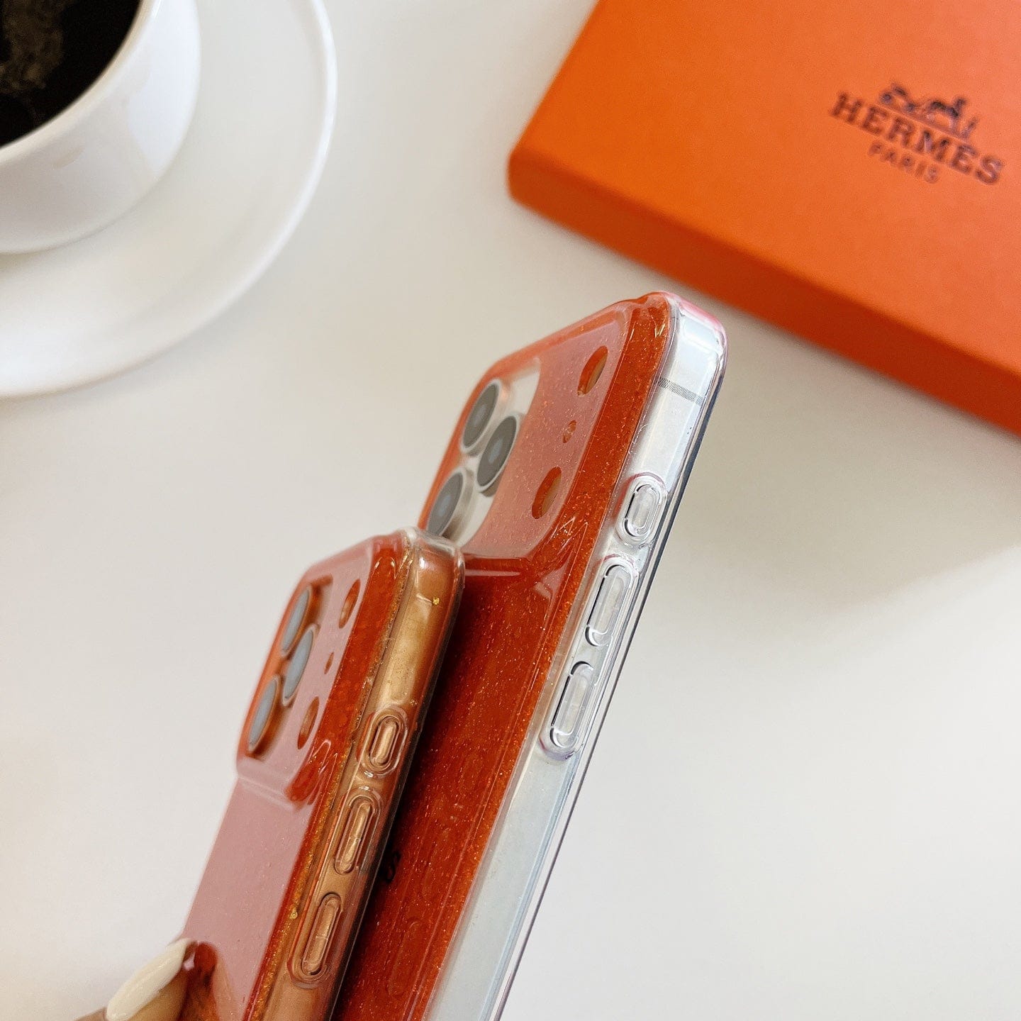 HypedEffects Hermès Glitter Clear Phone Case for iPhone 13 to iPhone 17 Pro Max Luxury Designer Back Cover
