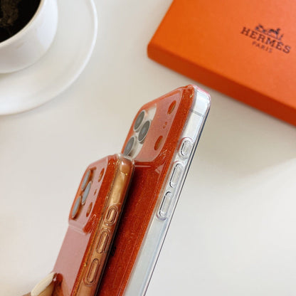 HypedEffects Hermès Glitter Clear Phone Case for iPhone 13 to iPhone 17 Pro Max Luxury Designer Back Cover
