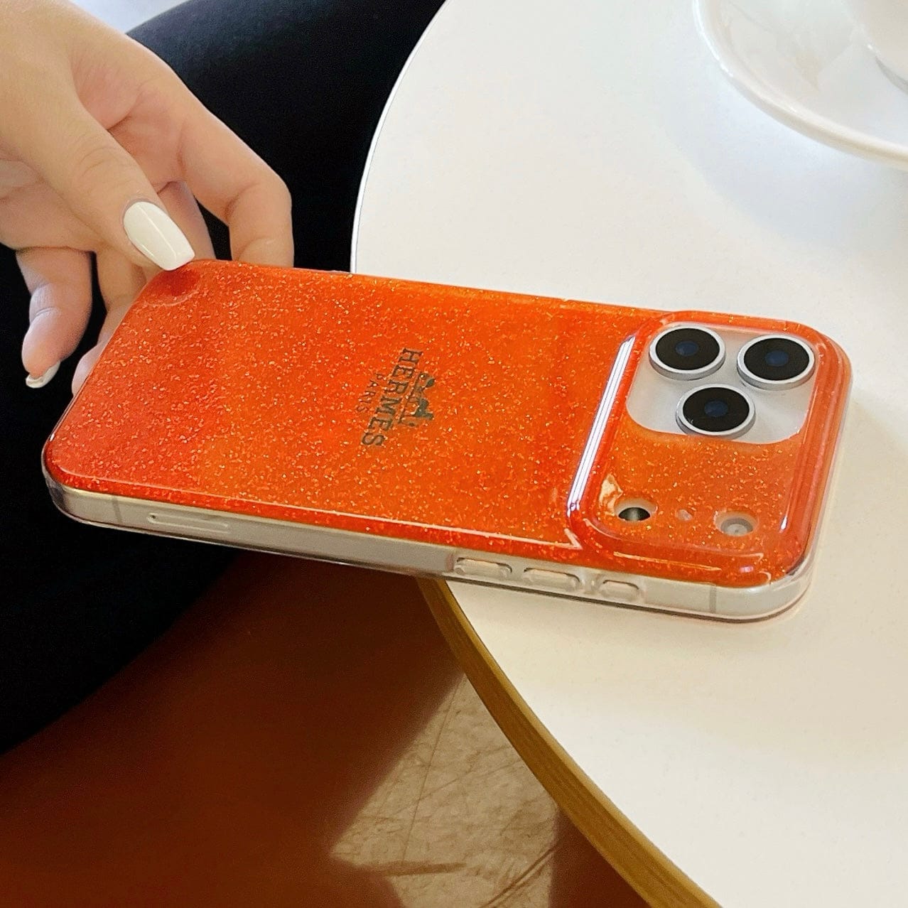 HypedEffects Hermès Glitter Clear Phone Case for iPhone 13 to iPhone 17 Pro Max Luxury Designer Back Cover