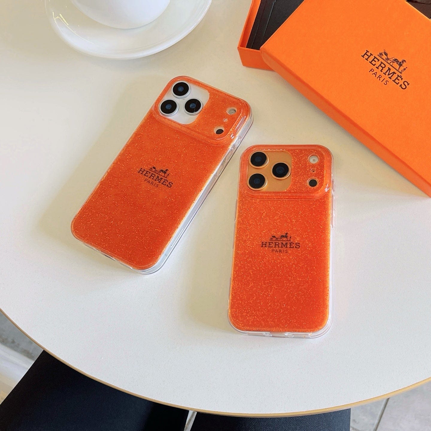 HypedEffects Hermès Glitter Clear Phone Case for iPhone 13 to iPhone 17 Pro Max Luxury Designer Back Cover