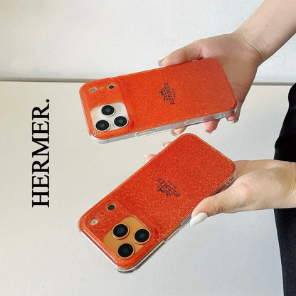 HypedEffects Hermès Glitter Clear Phone Case for iPhone 13 to iPhone 17 Pro Max Luxury Designer Back Cover