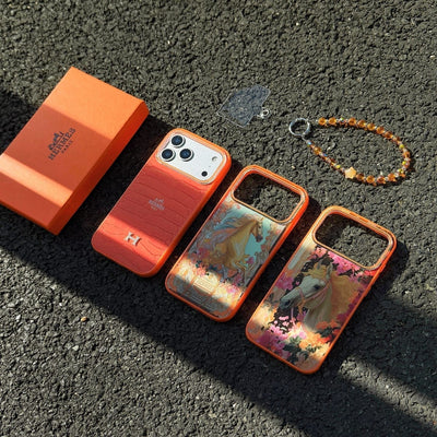 HypedEffects Hermès Horse Art Orange Designer iPhone Case with Wrist Chain Descript