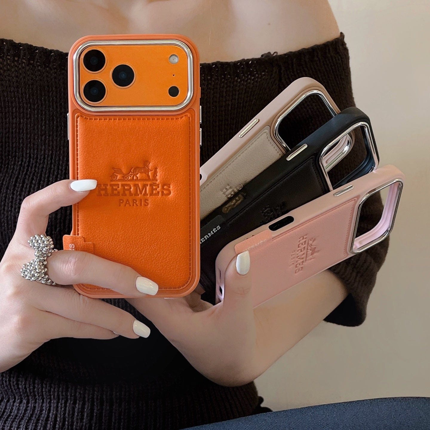 HypedEffects Hermès Leather Wallet Phone Case with Card Holder for iPhone 13 to iPhone 17 Pro Max