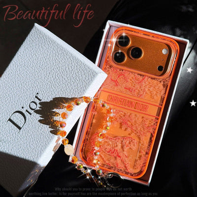 HypedEffects louis vuitton and Dior Orange Aesthetic Wrist Chain Case for iPhone 14 to 17 Pro Max