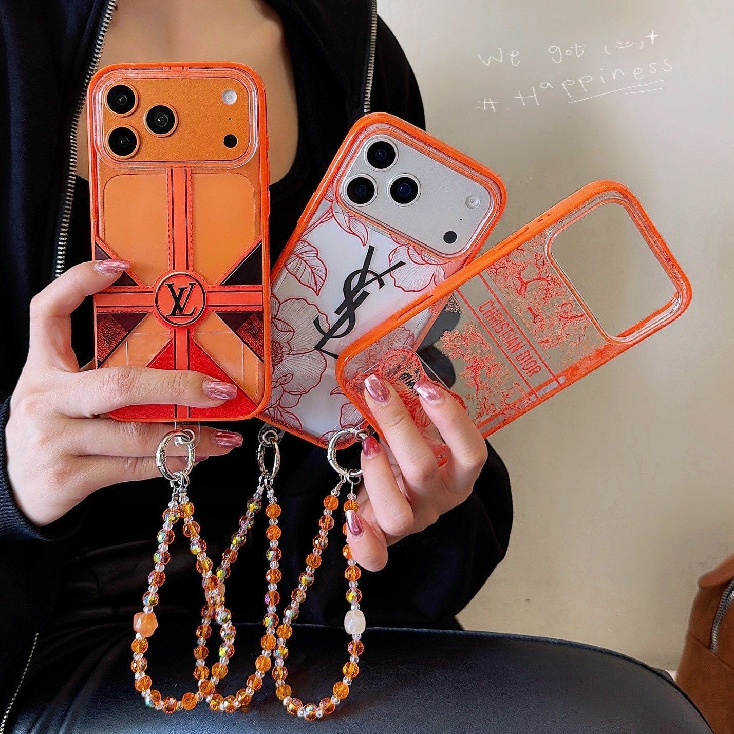 HypedEffects louis vuitton and Dior Orange Aesthetic Wrist Chain Case for iPhone 14 to 17 Pro Max