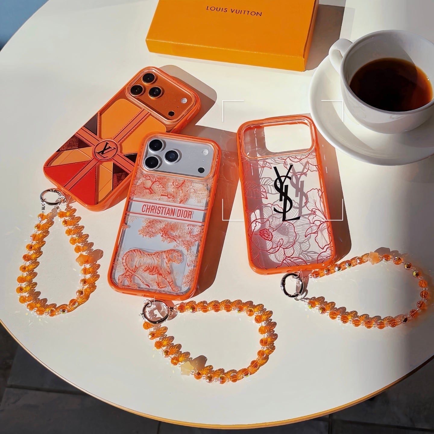 HypedEffects louis vuitton and Dior Orange Aesthetic Wrist Chain Case for iPhone 14 to 17 Pro Max