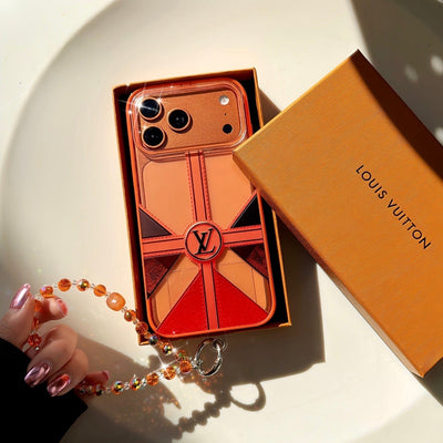 HypedEffects louis vuitton and Dior Orange Aesthetic Wrist Chain Case for iPhone 14 to 17 Pro Max
