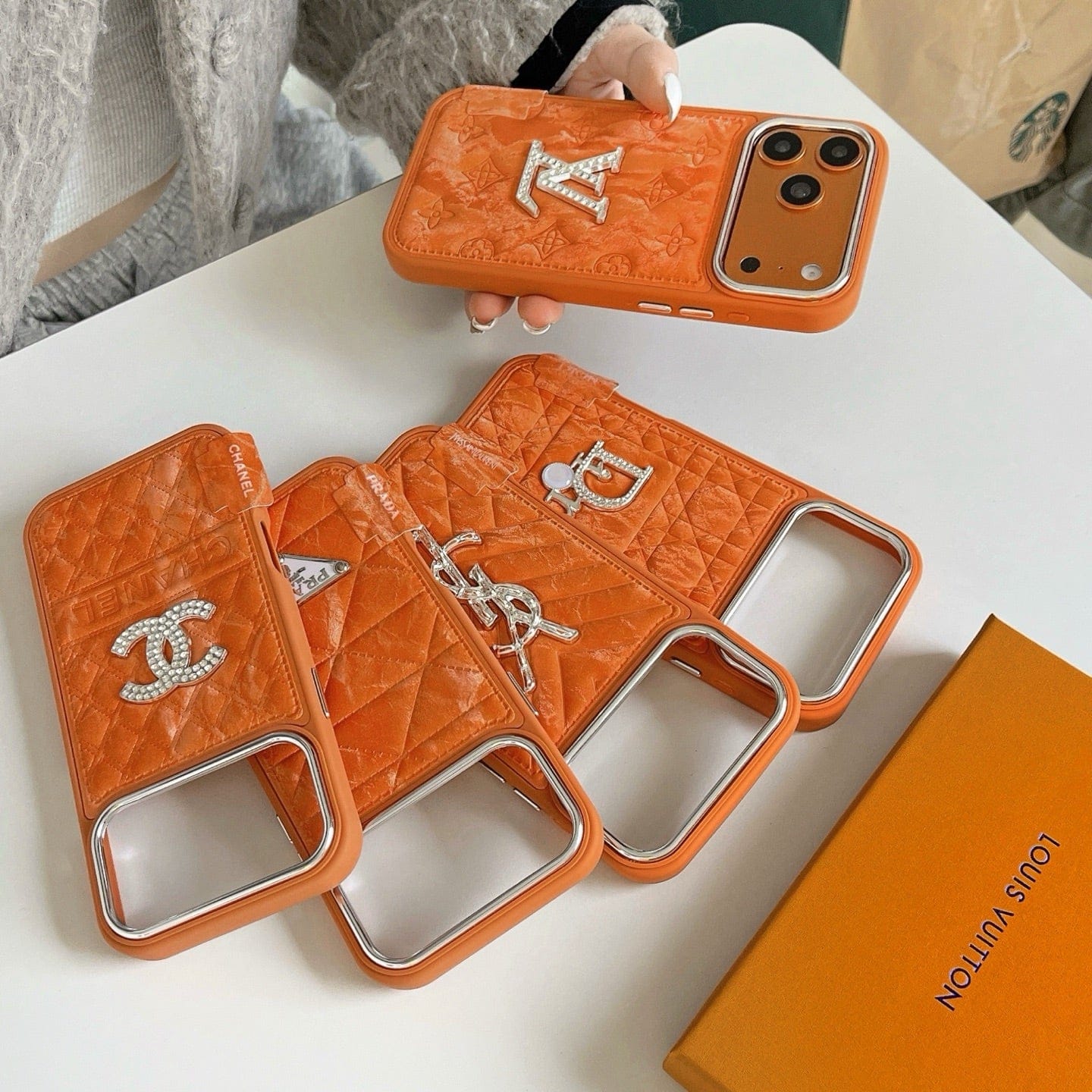 HypedEffects louis vuitton and gucci Leather Phone Case with Metal Logo for iPhone 13 to iPhone 17 Pro Max