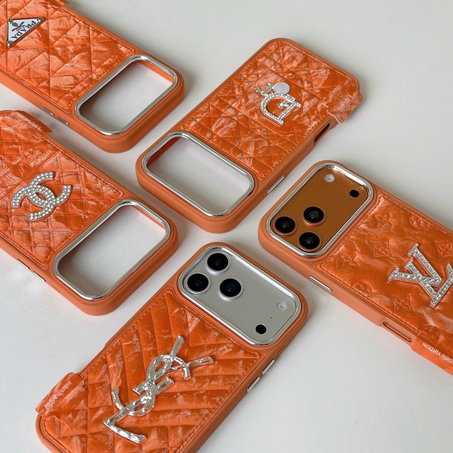 HypedEffects louis vuitton and gucci Leather Phone Case with Metal Logo for iPhone 13 to iPhone 17 Pro Max